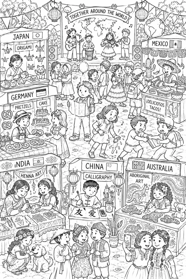 Wimmelbild: Internationales Schulfest mit Länderständen und Kulturen aus aller Welt