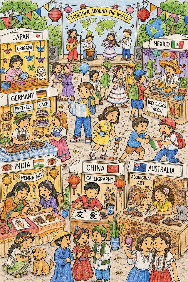 Wimmelbild eines internationalen Schulfestes mit Länderkulturen, Ständen und Weltmusikbühne
