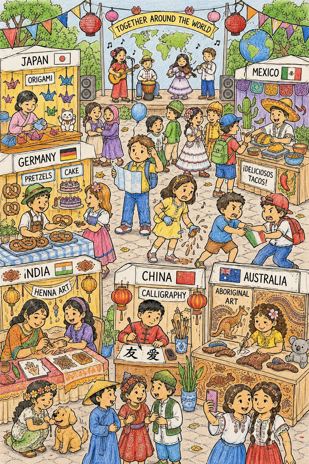Wimmelbild: Internationales Schulfest mit Länderständen und Kulturen aus aller Welt