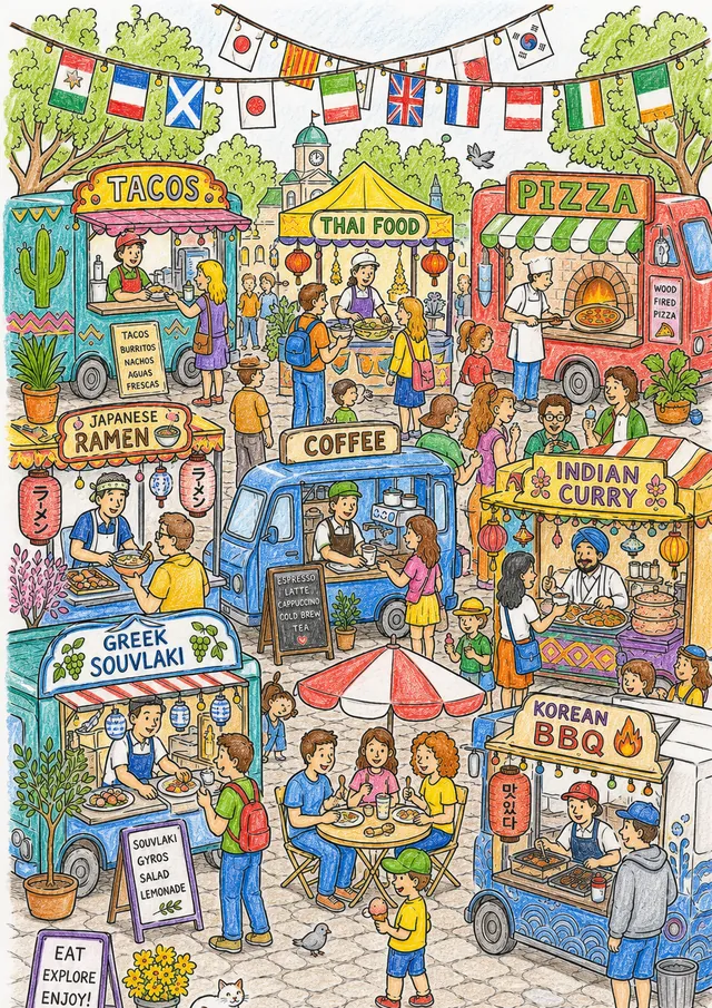 Wimmelbild-Ausmalvorlage: Streetfood-Festival mit Foodtrucks und Besuchern