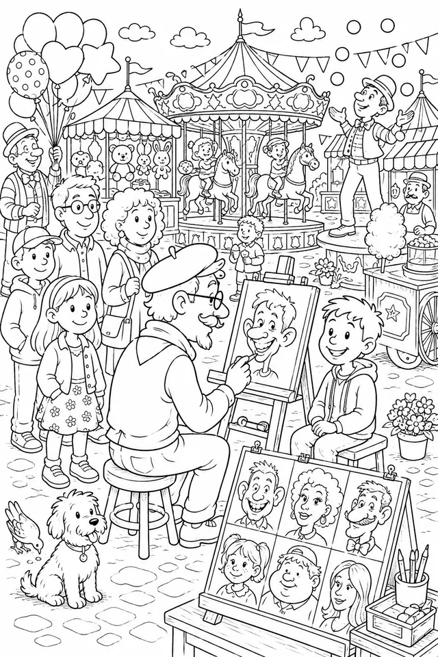 Wimmelbild: Karikaturen-Zeichner auf buntem Jahrmarkt