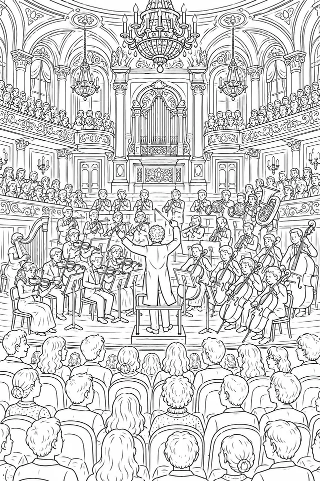 Wimmelbild: Konzertsaal mit Orchester