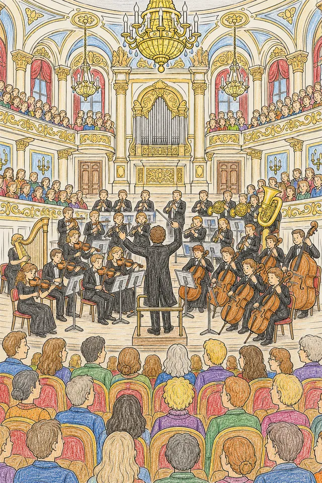 Wimmelbild: Prachtvoll ausgestatteter Konzertsaal mit Orchester auf Bühne und vollem Publikum