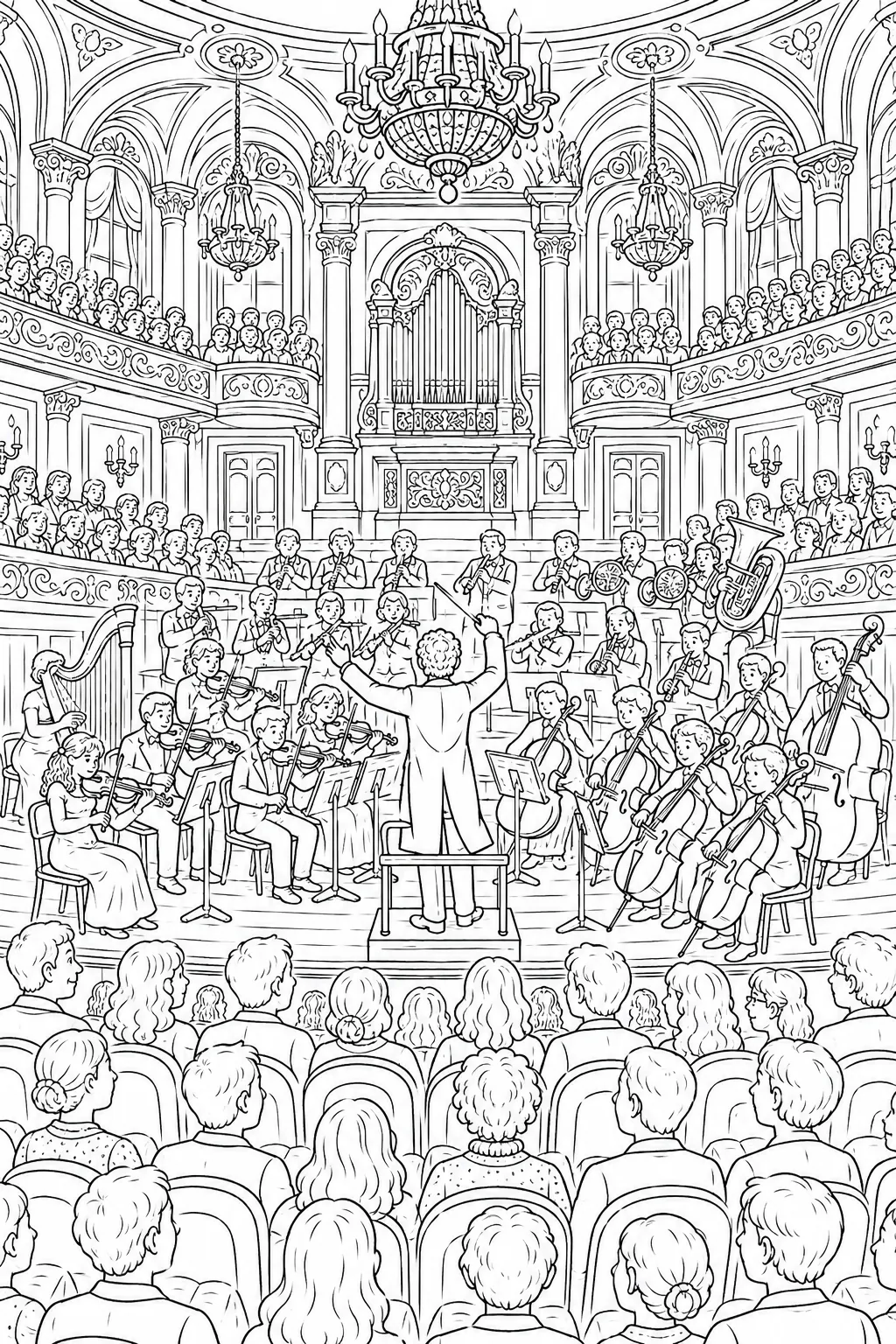 Wimmelbild: Prachtvoll ausgestatteter Konzertsaal mit Orchester auf Bühne und vollem Publikum