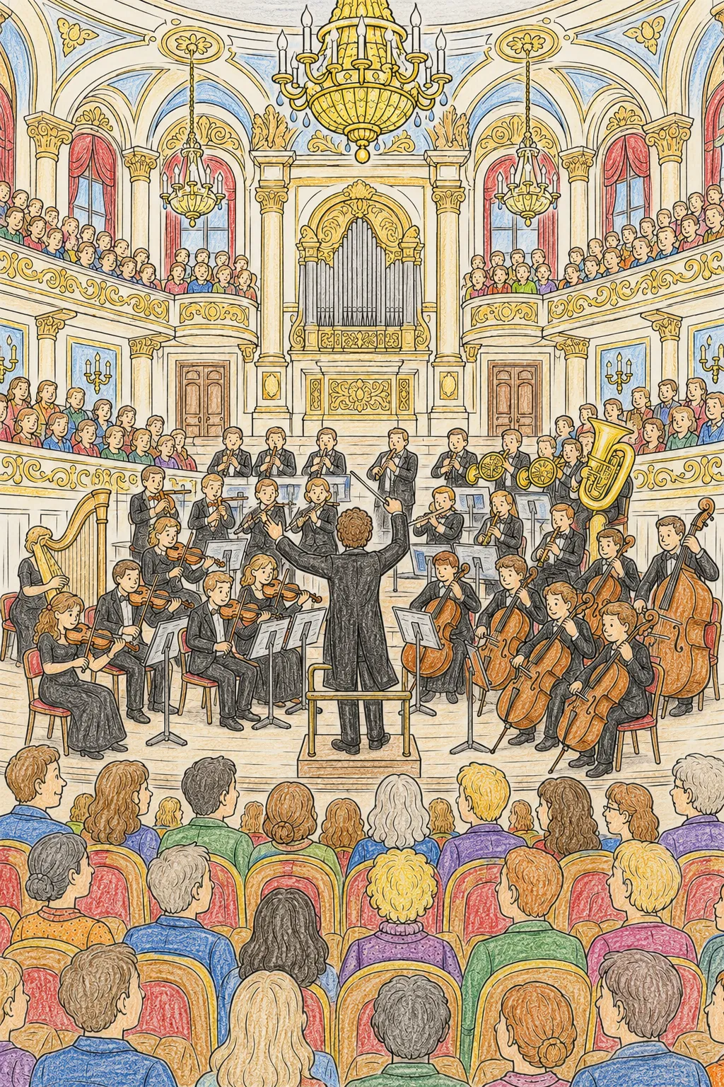 Wimmelbild: Konzertsaal mit Orchester