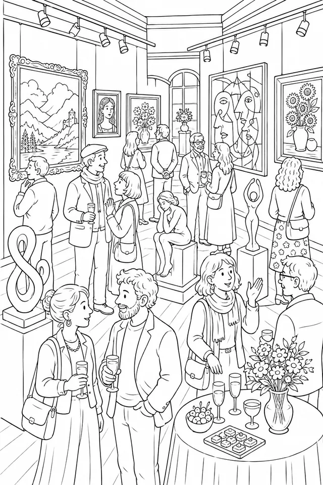 Wimmelbild: Kunstausstellung in der Galerie