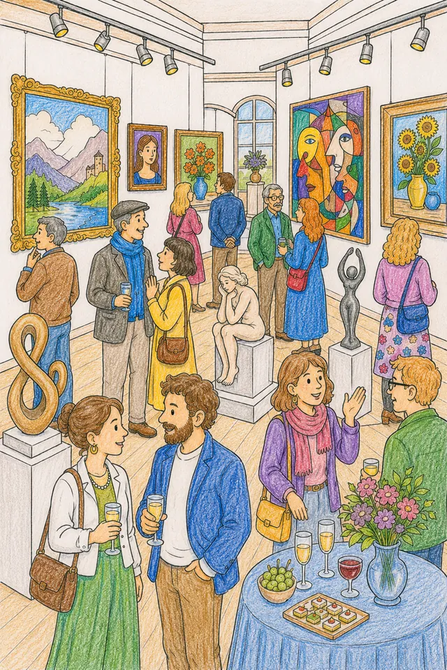Wimmelbild: Kunstgalerie mit Besuchern, Gemälden an weißen Wänden und Skulpturen auf Sockeln