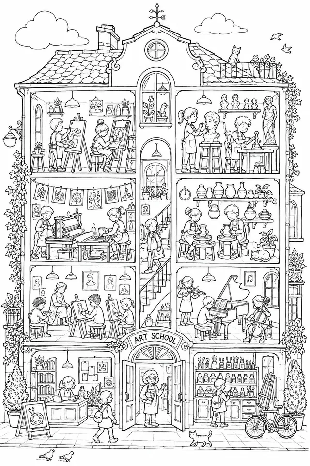 Wimmelbild: Kunstschule mit Ateliers und Werkstätten