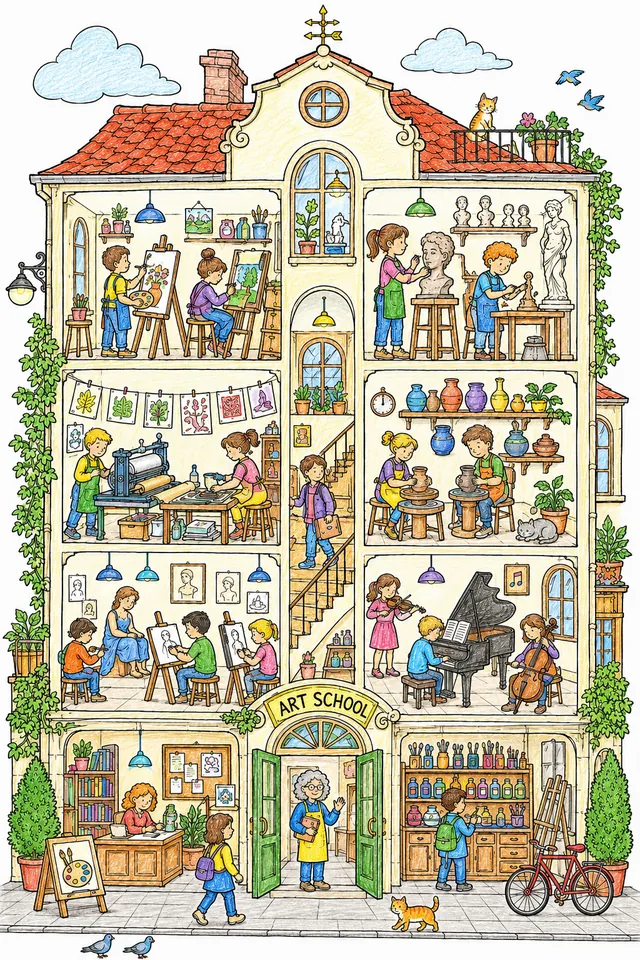 Wimmelbild: Kunstschule mit Ateliers und Werkstätten – So könnte es aussehen