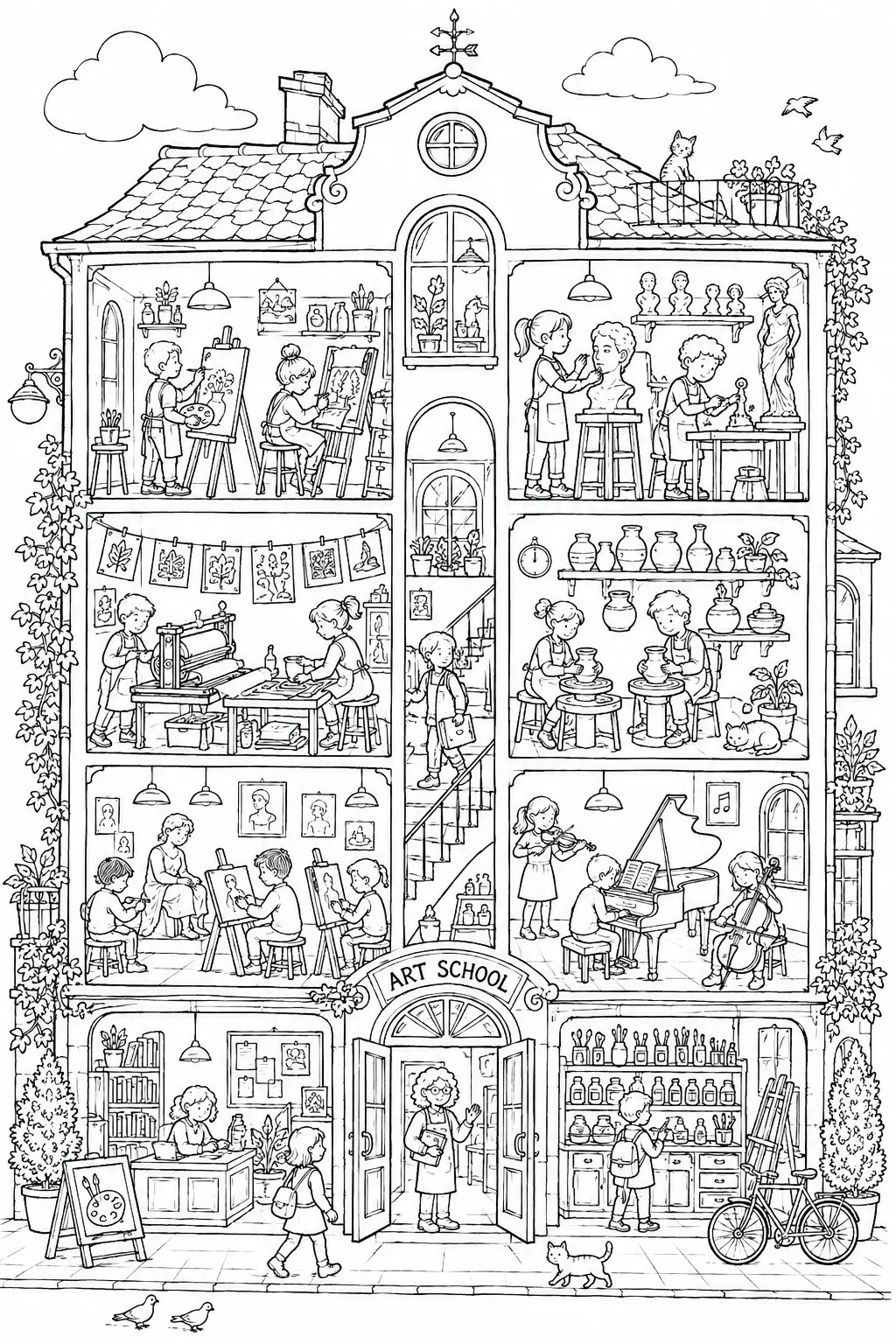 Wimmelbild-Ausmalvorlage: Kunstschule voller Schüler in verschiedenen Ateliers