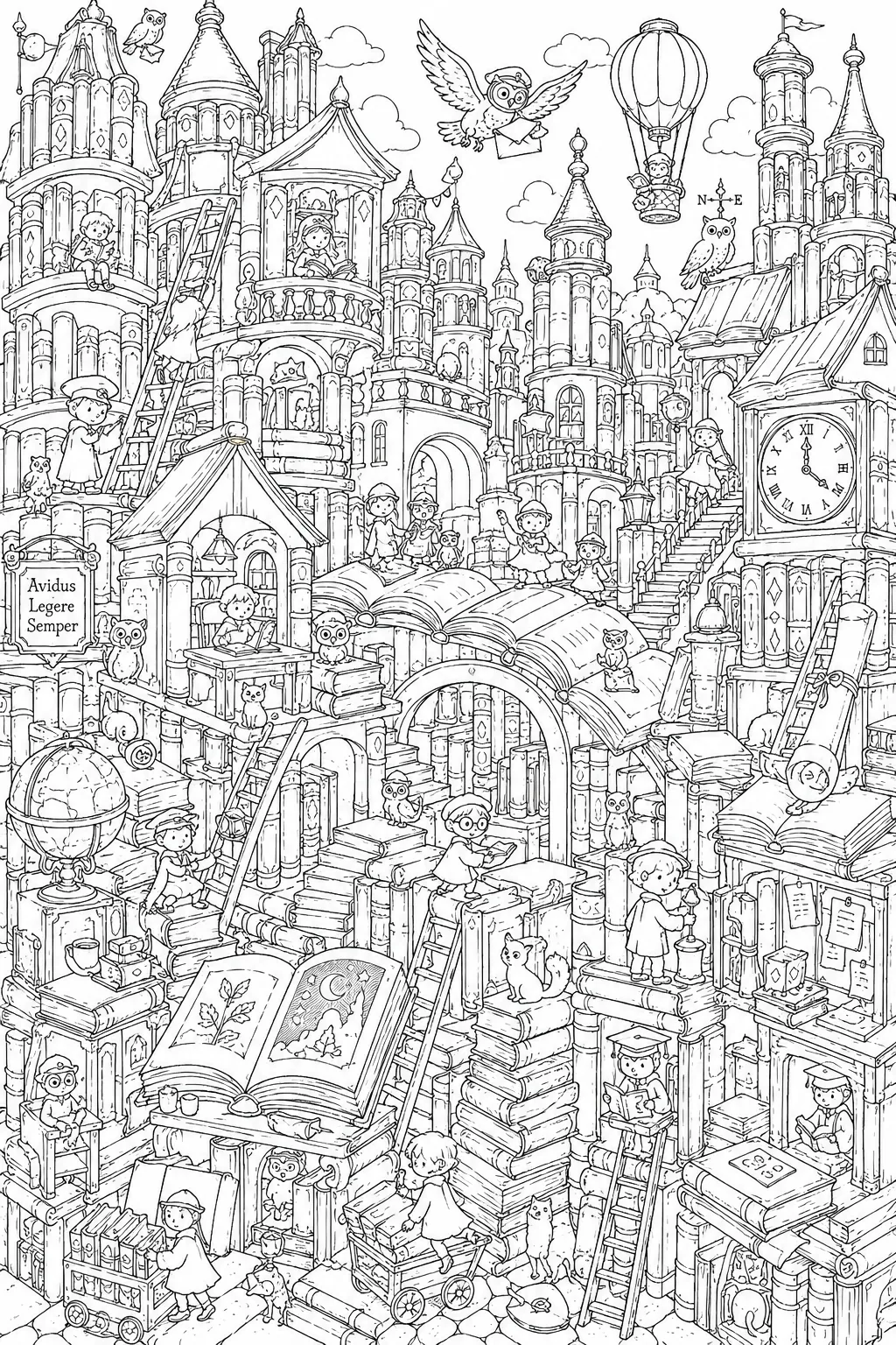 Wimmelbild-Ausmalseite einer ganzen Stadt aus Büchern mit Türmen, Brücken und lesenden Menschen