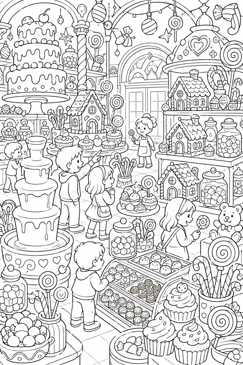Wimmelbild-Ausmalvorlage: magische Konditorei mit Süßigkeiten und kleinen Figuren