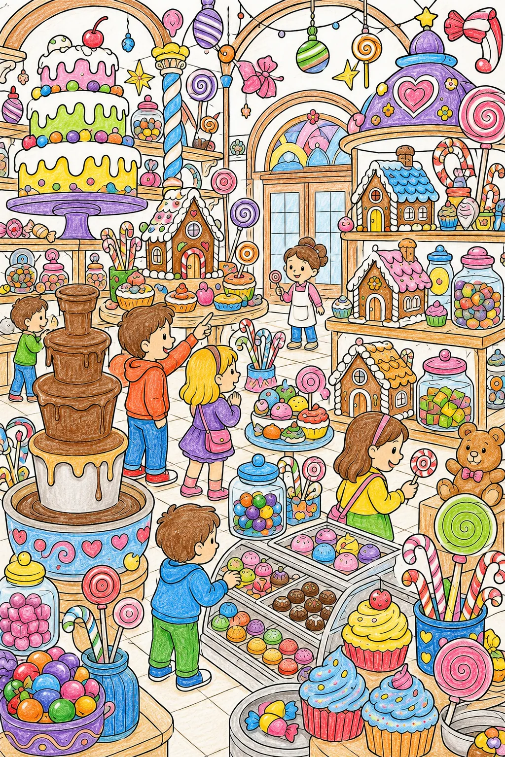 Wimmelbild: Magische Konditorei voller Süßigkeiten
