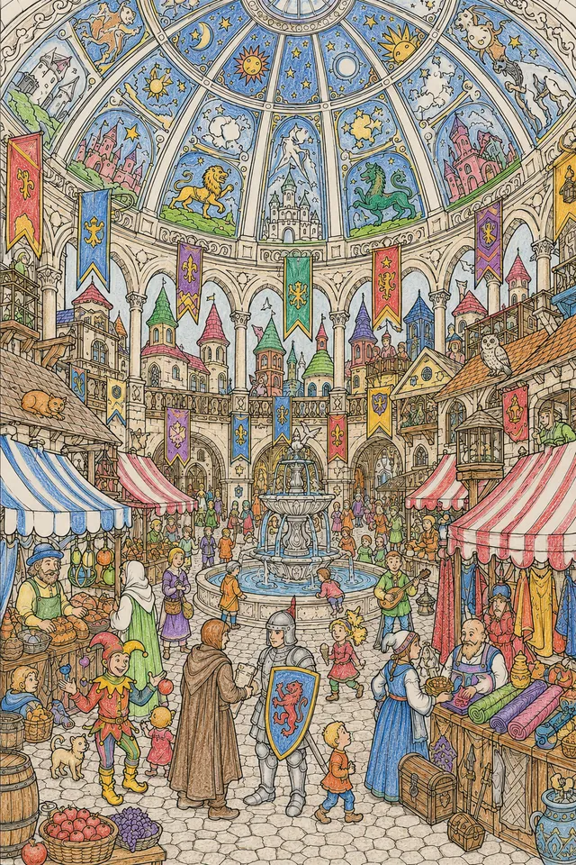 Wimmelbild-Ausmalseite eines mittelalterlichen Marktplatzes im Inneren einer riesigen Kuppel