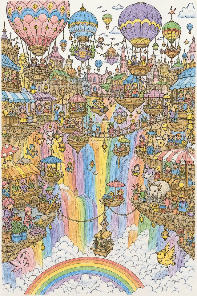 Wimmelbild-Ausmalseite einer schwebenden Marktstadt über einem Regenbogenwasserfall mit Heißluftballons