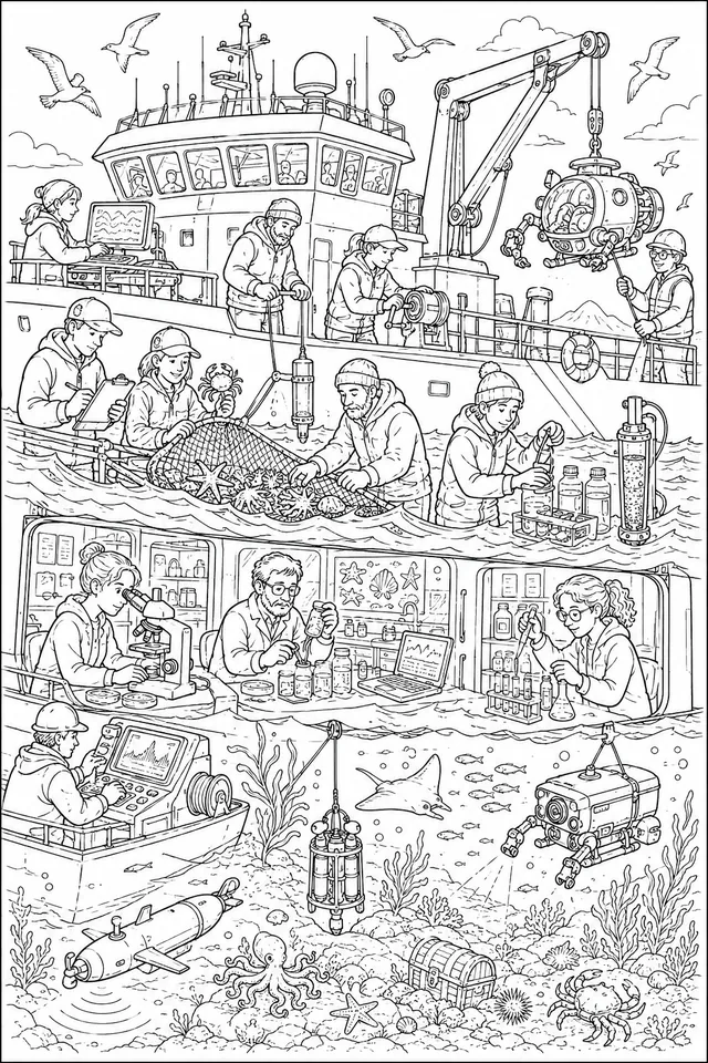 Wimmelbild: Großes Meeresforschungsschiff mit Wissenschaftlern