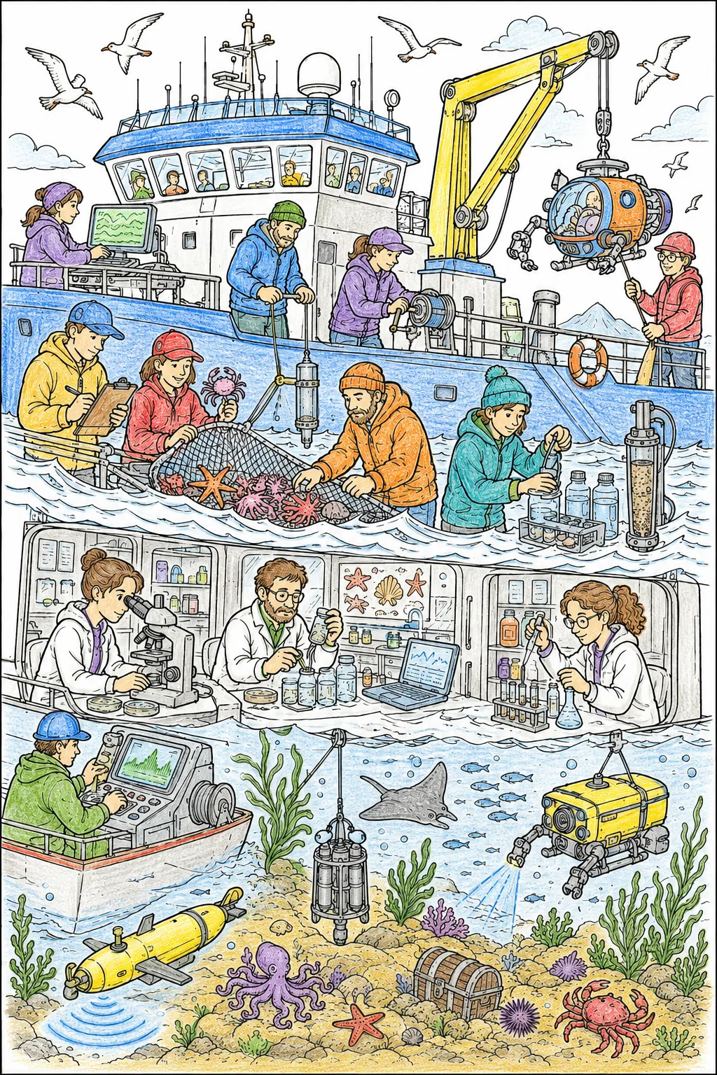 Wimmelbild: Großes Meeresforschungsschiff mit Wissenschaftlern