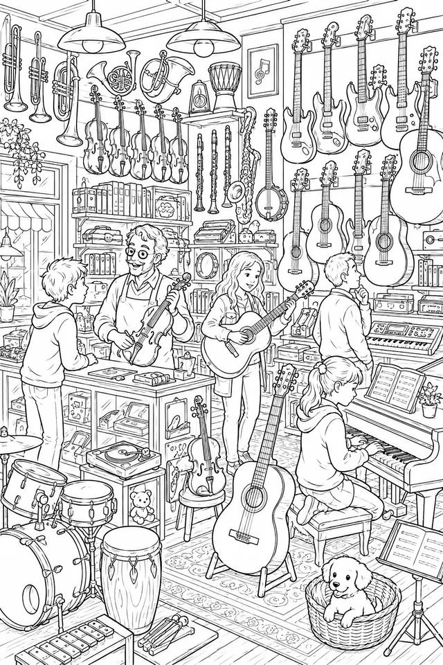 Wimmelbild: Musikinstrumenten-Laden