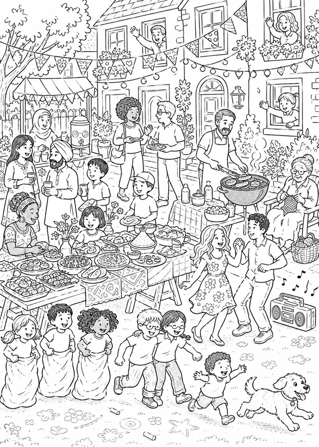 Wimmelbild: Buntes Nachbarschaftsfest auf einer gesperrten Straße