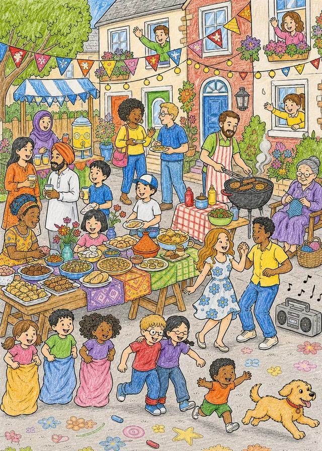 Wimmelbild eines bunten Nachbarschaftsfests mit Familien verschiedener Kulturen auf einer gesperrten Straße