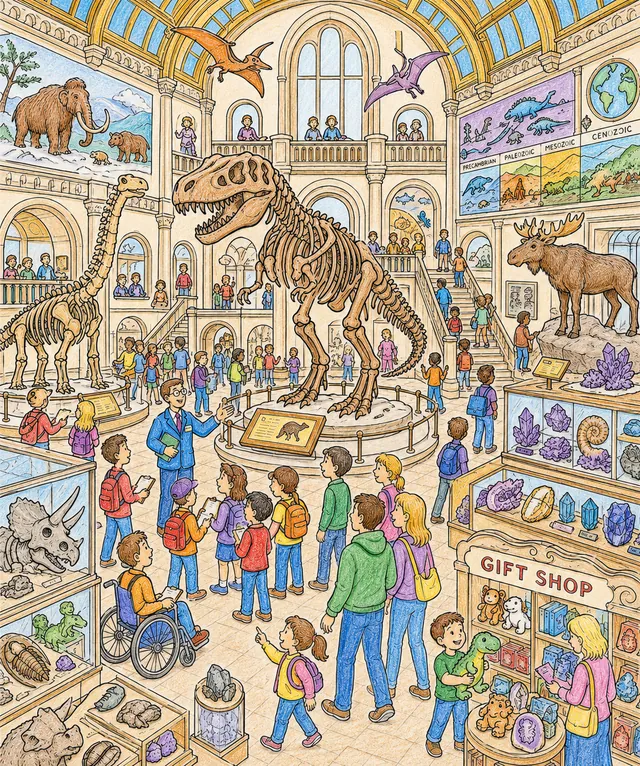Wimmelbild: Naturkundemuseum mit Dinosaurierskeletten – So könnte es aussehen