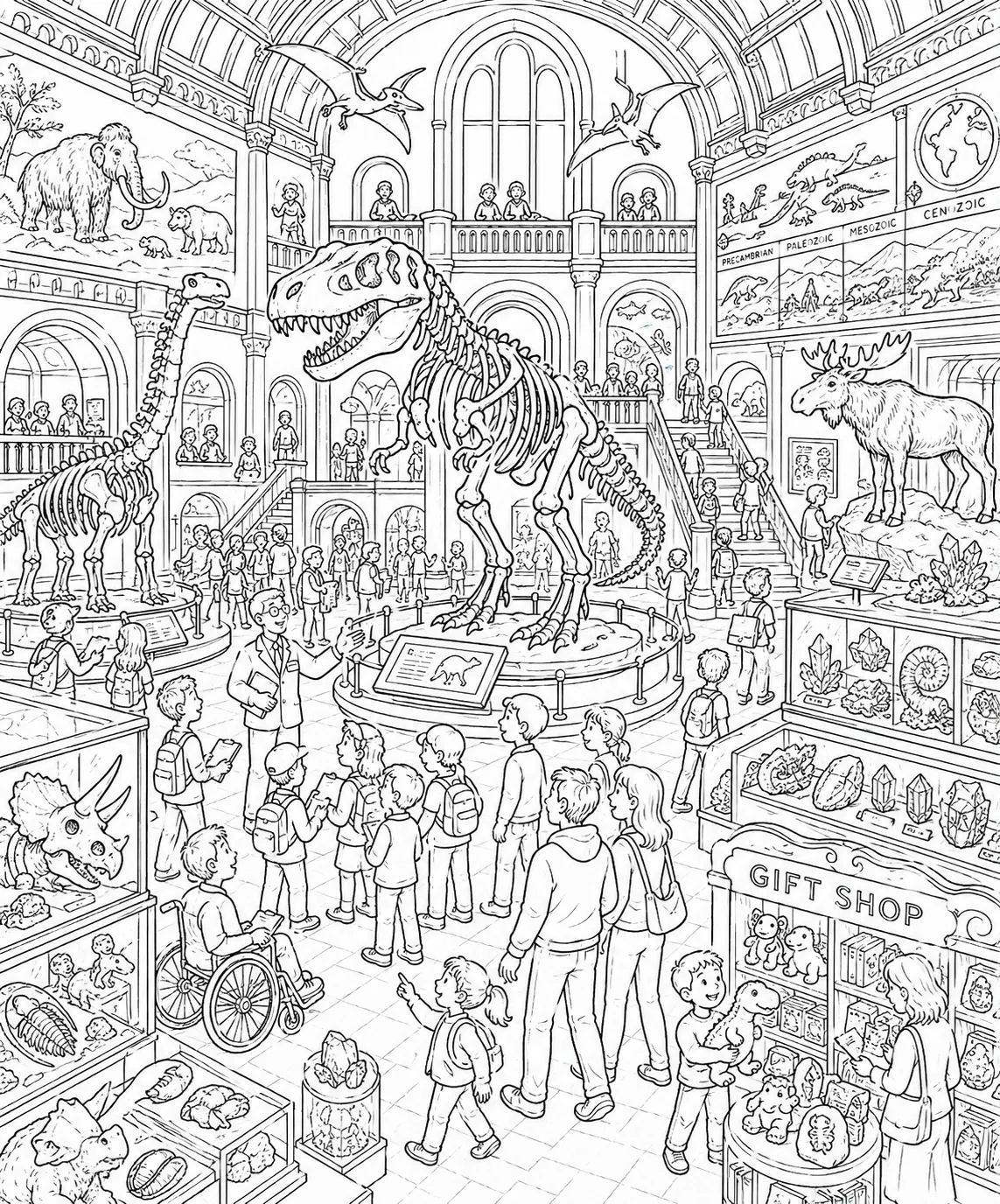 Ausmalseite: Wimmelbild eines Naturkundemuseums mit T-Rex-Skelett, Fossilien und Besuchern aller Altersgruppen
