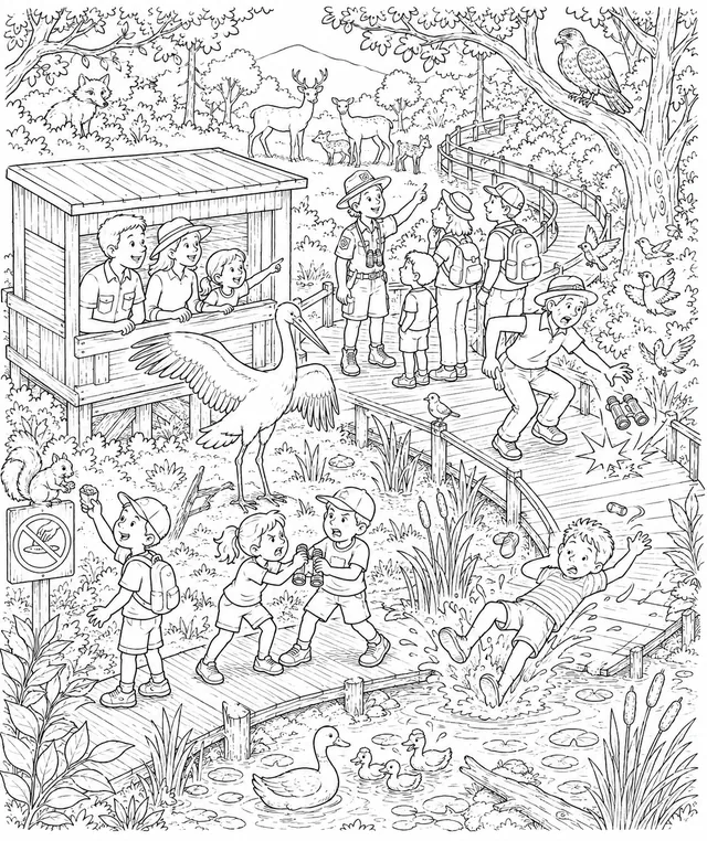 Wimmelbild: Naturschutzgebiet mit Wildtieren und Besucherfamilien auf Beobachtungspfaden