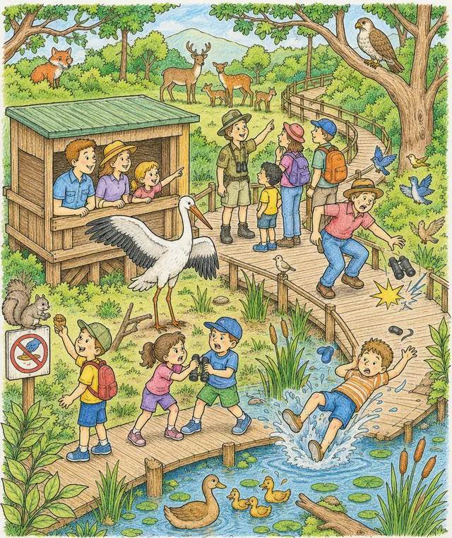 Wimmelbild eines Naturschutzgebietes mit Familien, Wildtieren, Ranger und lustigen Besuchersituationen