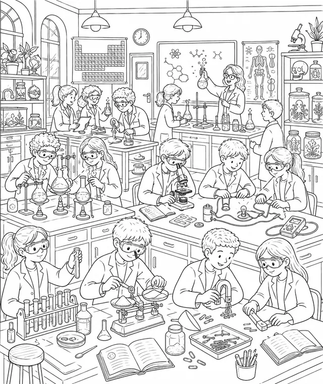Wimmelbild: Naturwissenschaftliches Schullabor voller Schüler