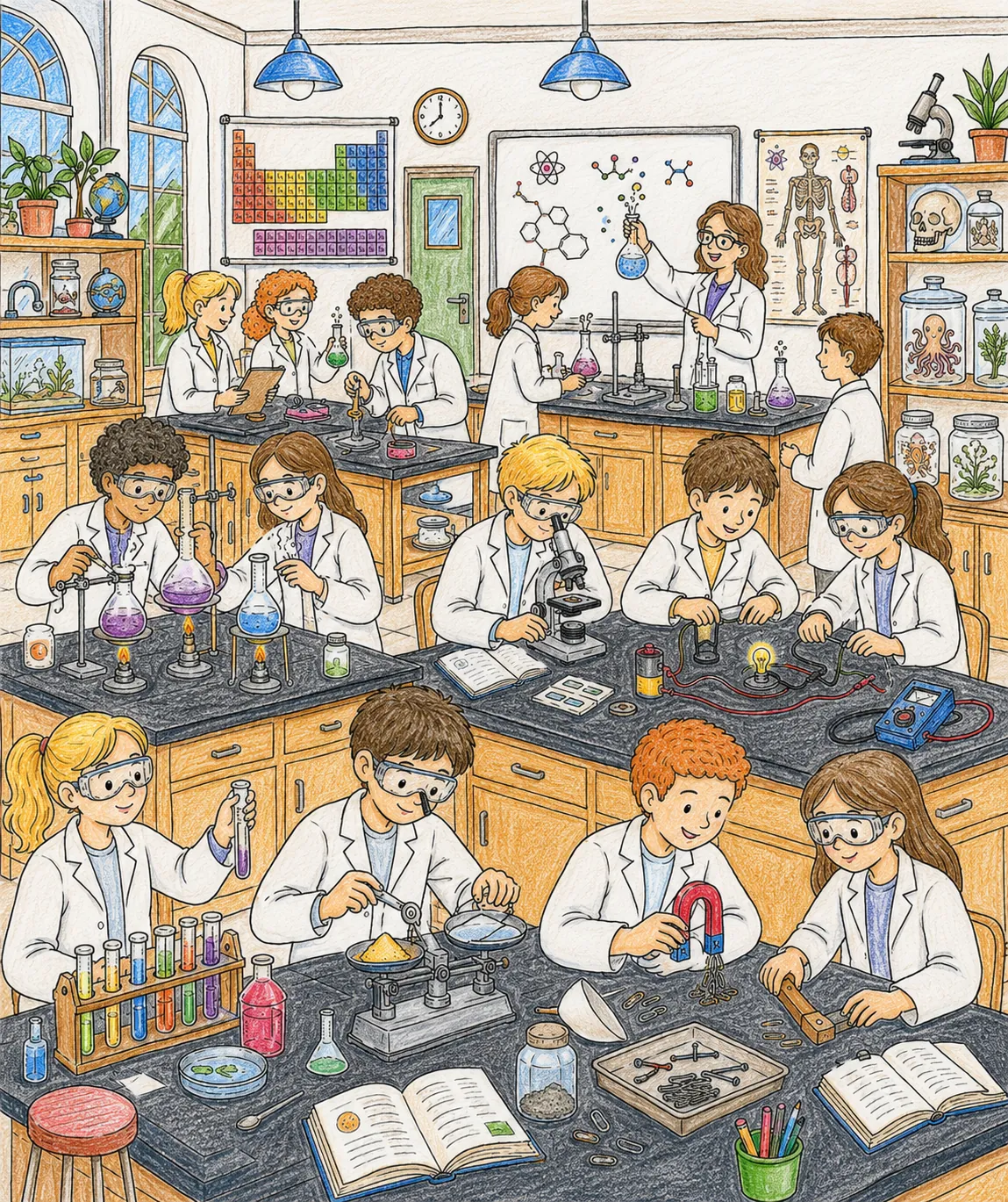Wimmelbild: Naturwissenschaftliches Schullabor voller Schüler