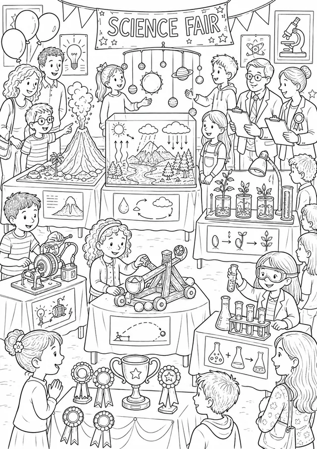 Wimmelbild: Naturwissenschaftsmesse mit Schülerexperimenten
