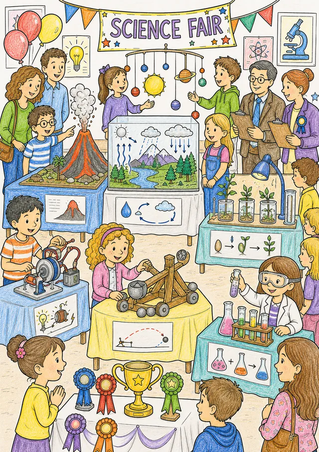 Ausmalseite: Wimmelbild einer Naturwissenschaftsmesse mit Schülerexperimenten – Vulkanmodell, Sonnensystem-Mobile, Elektromotor – Juroren, Familien und Siegerpodesten