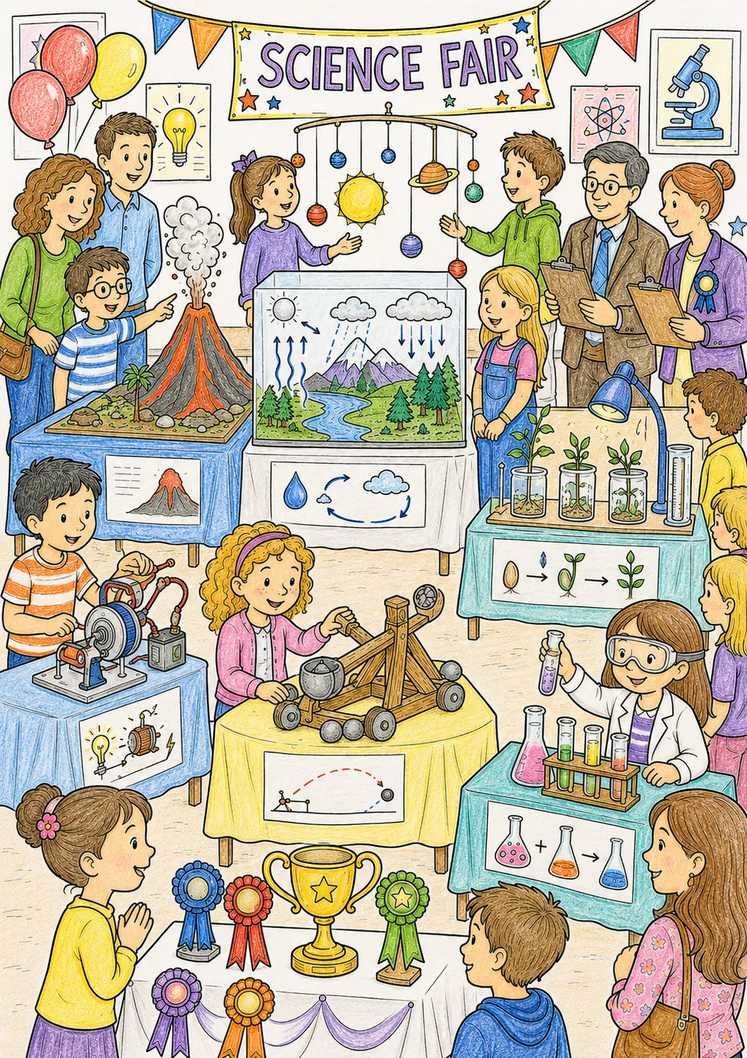 Wimmelbild: Naturwissenschaftsmesse mit Schülerexperimenten