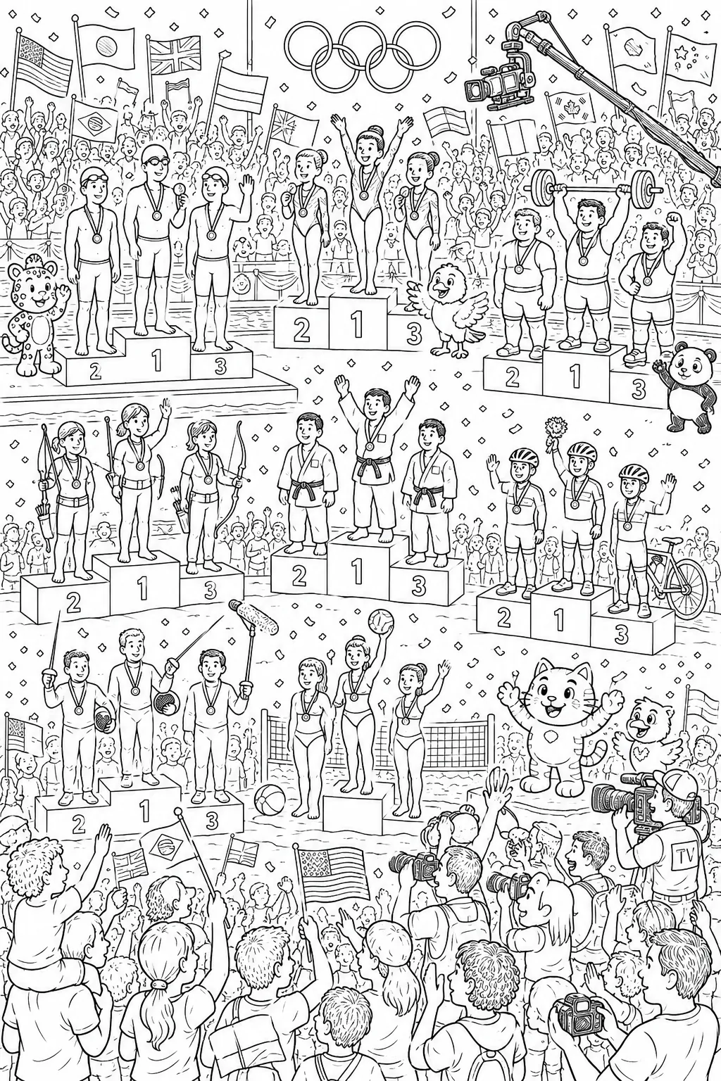 Wimmelbild of Olympic medal ceremony with athletes from all sports and cheering crowd