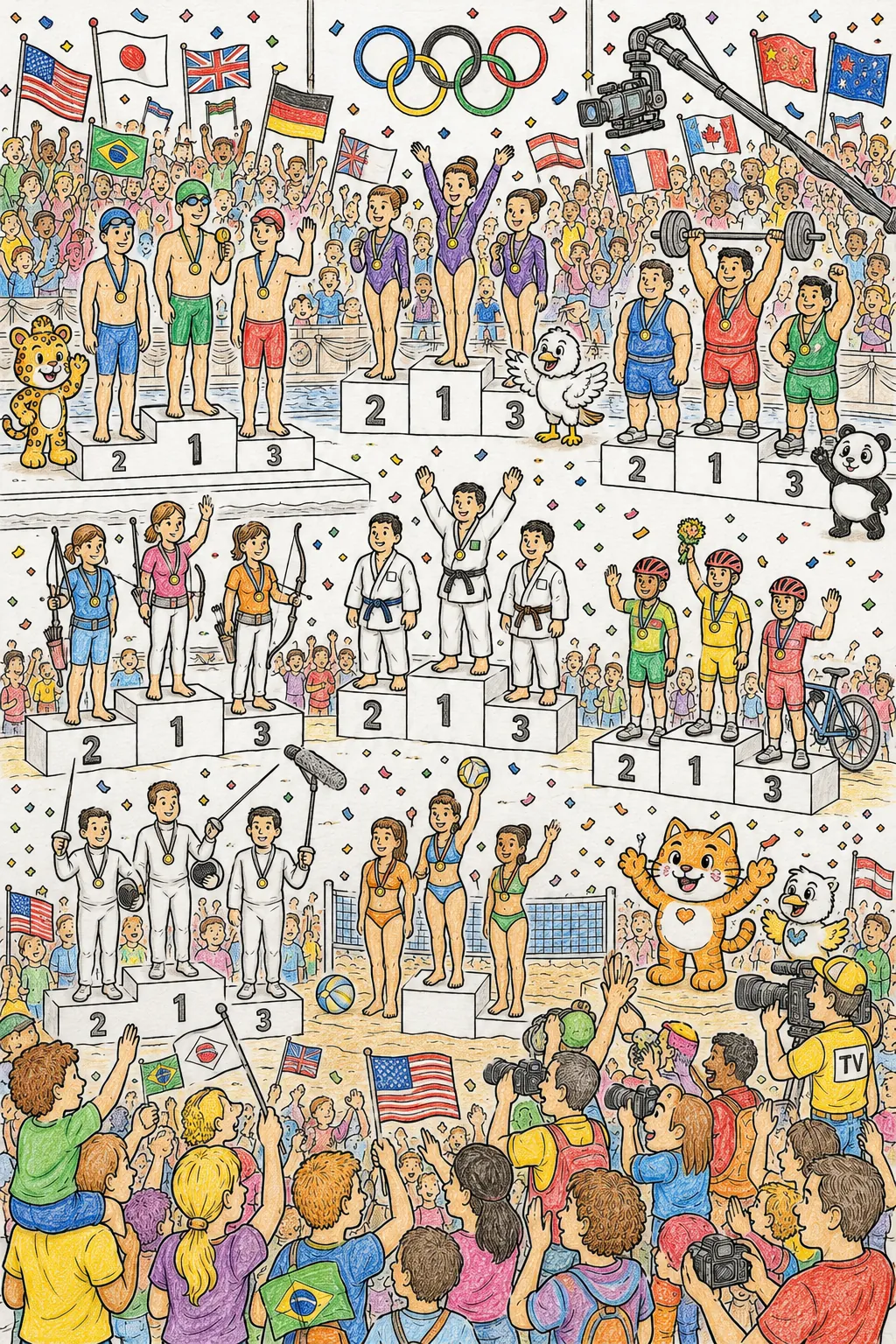 Wimmelbild: Olympic Medal Ceremony with Athletes from All Sports