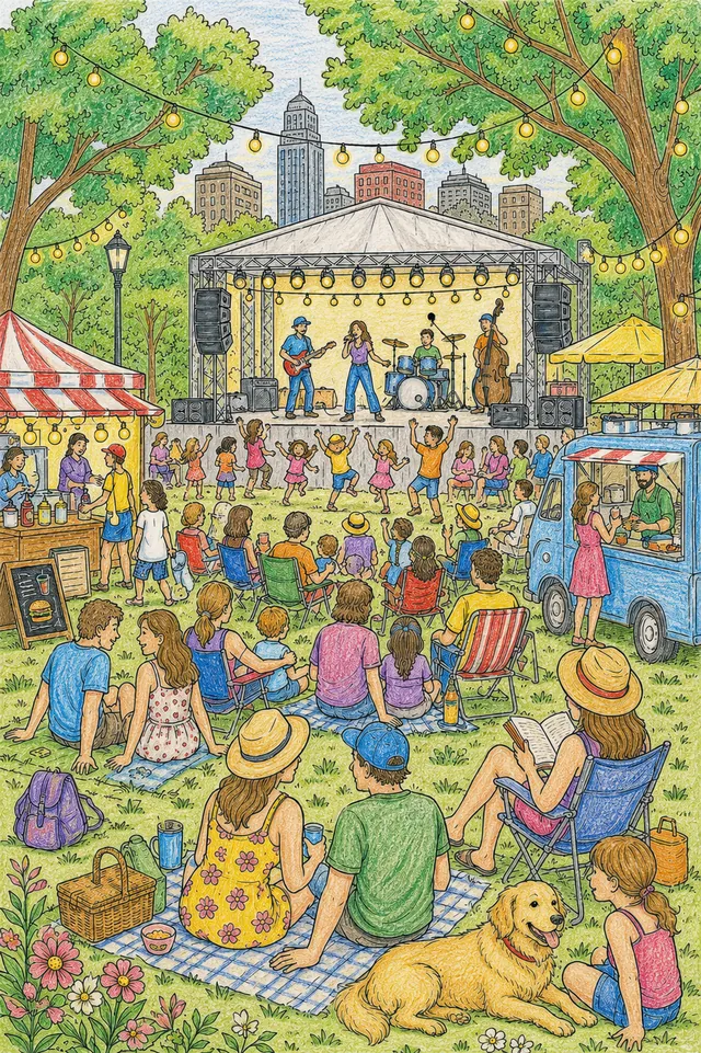 Wimmelbild: Open-Air-Konzert mit Band auf Bühne, tanzendem Publikum und Lichterketten im Stadtpark