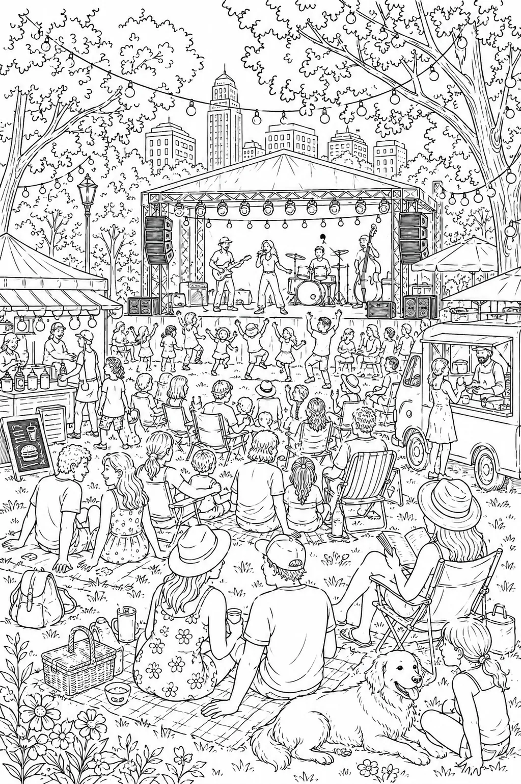 Wimmelbild: Open-Air-Konzert mit Band auf Bühne, tanzendem Publikum und Lichterketten im Stadtpark