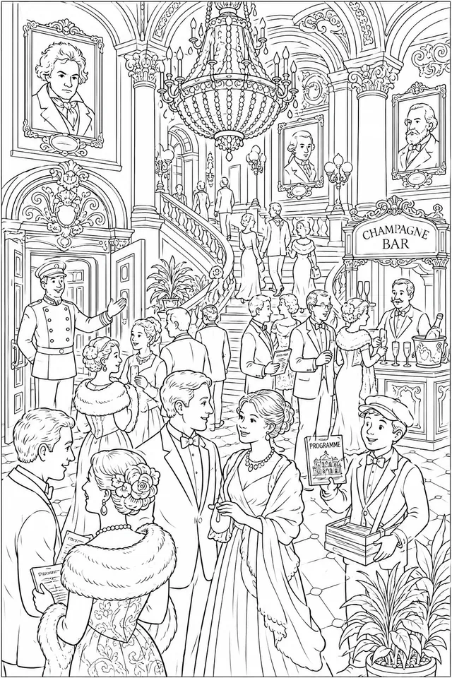 Wimmelbild: Opernhaus-Foyer vor der Vorstellung