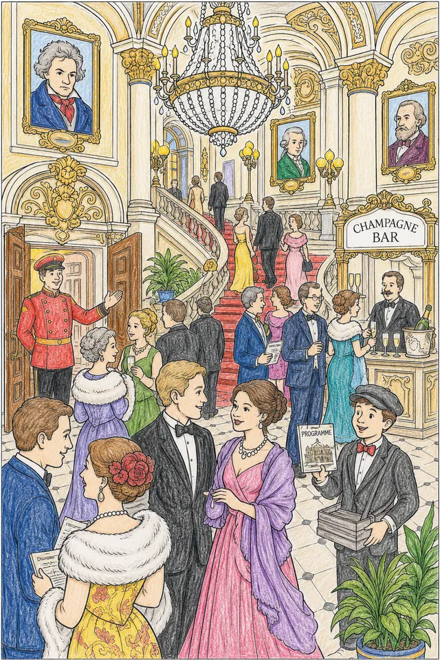 Ausmalbild: Wimmelbild des Opernhaus-Foyers mit eleganten Besuchern, Kronleuchtern und Champagnerbar