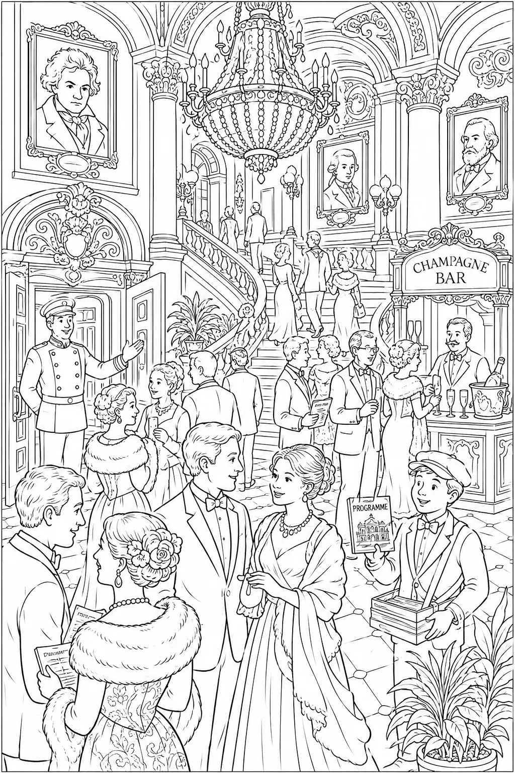 Ausmalbild: Wimmelbild des Opernhaus-Foyers mit eleganten Besuchern, Kronleuchtern und Champagnerbar