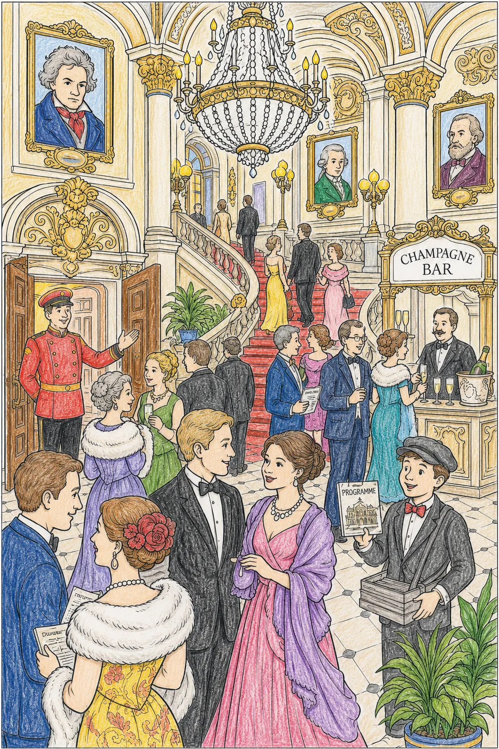 Wimmelbild: Opernhaus-Foyer vor der Vorstellung