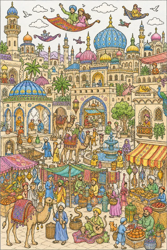 Wimmelbildvorlage: Orientalische Fantasiestadt mit Kuppelpalästen, Minaretten, Basar und fliegenden Teppichen