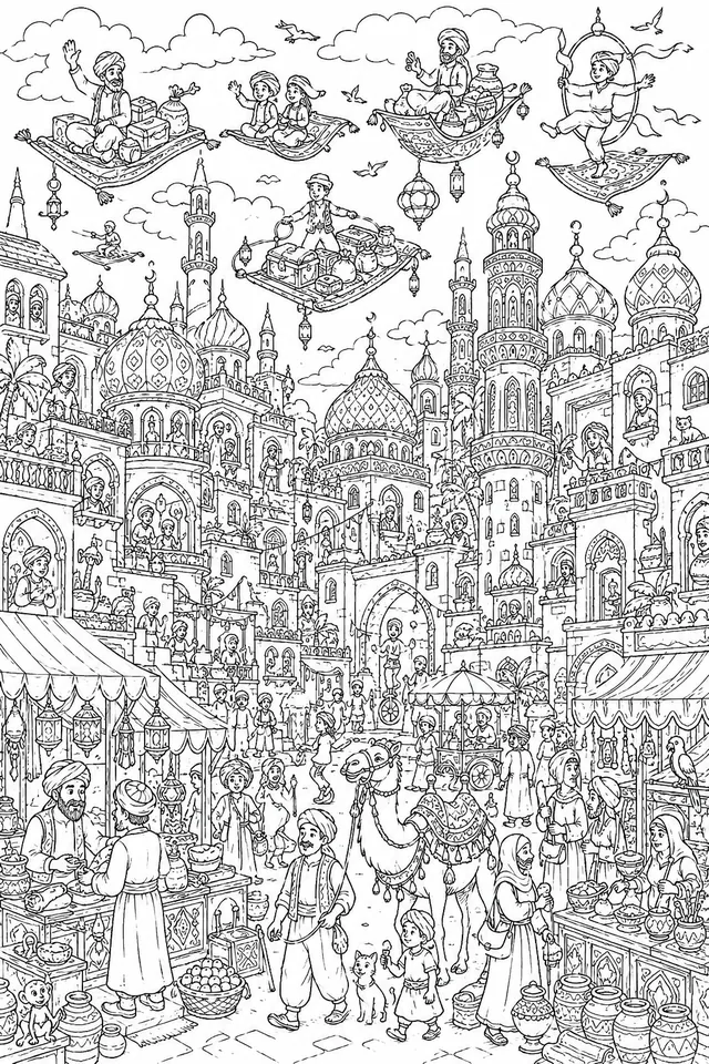 Wimmelbild: Orientalische Fliegende-Teppich-Händlerstadt