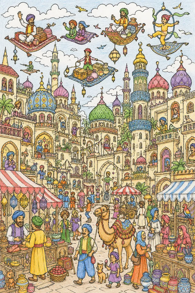 Wimmelbild-Ausmalseite eines orientalischen Bazars mit fliegenden Teppichen und Händlern