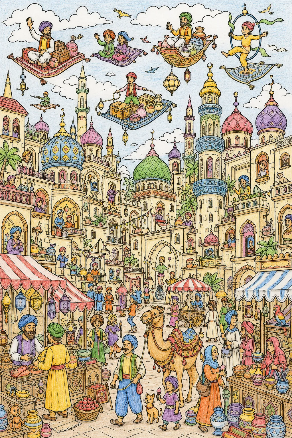 Wimmelbild: Ciudad mercader oriental de alfombras voladoras