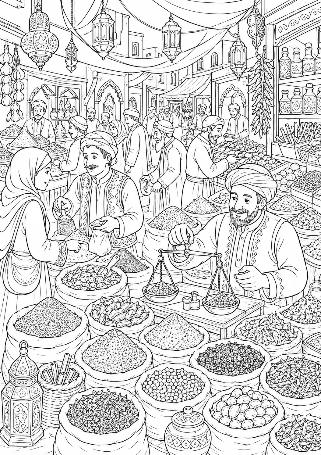 Ausmalseite Wimmelbild: Orientalischer Gewürzmarkt mit bunten Gewürzbergen, Händlern und Laternen