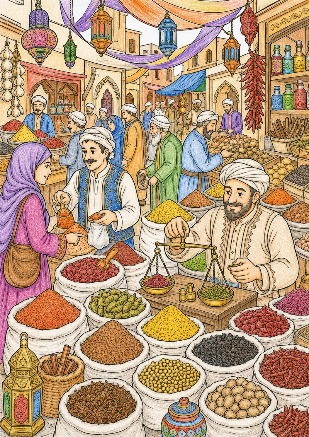 Wimmelbild: Orientalischer Gewürzmarkt