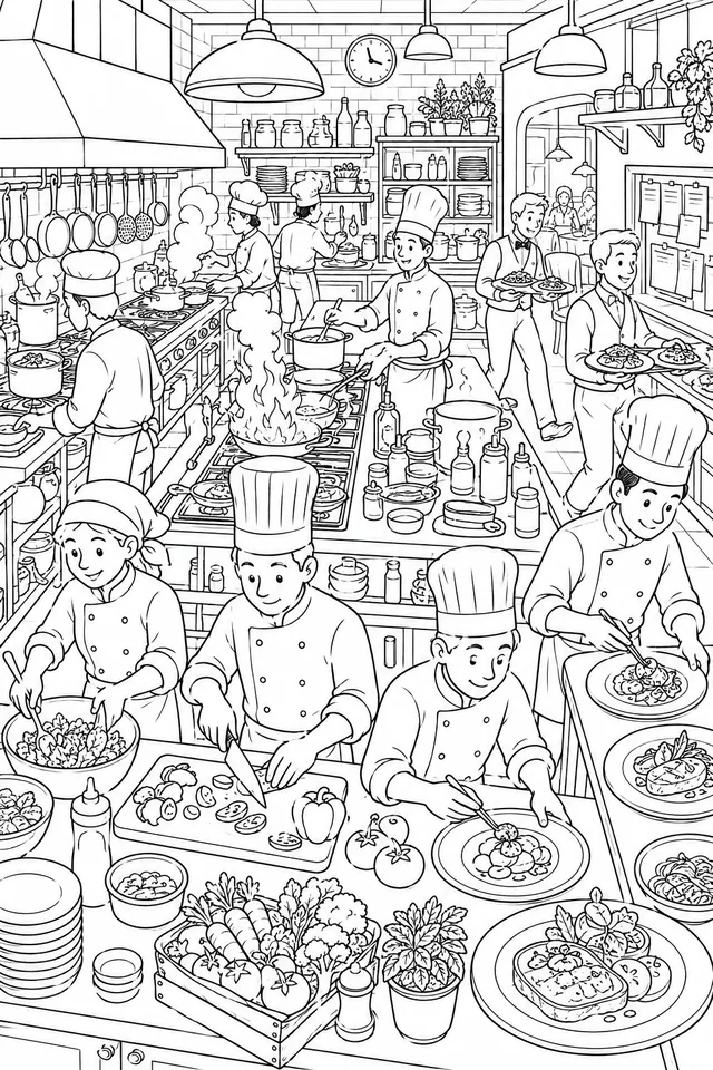 Wimmelbild: Professionelle Restaurantküche unter Hochdruck