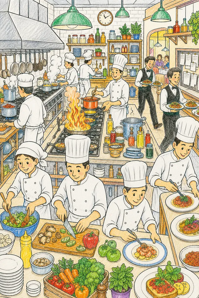 Wimmelbild-Ausmalvorlage: Restaurantküche mit Köchen und Dampf an allen Stationen