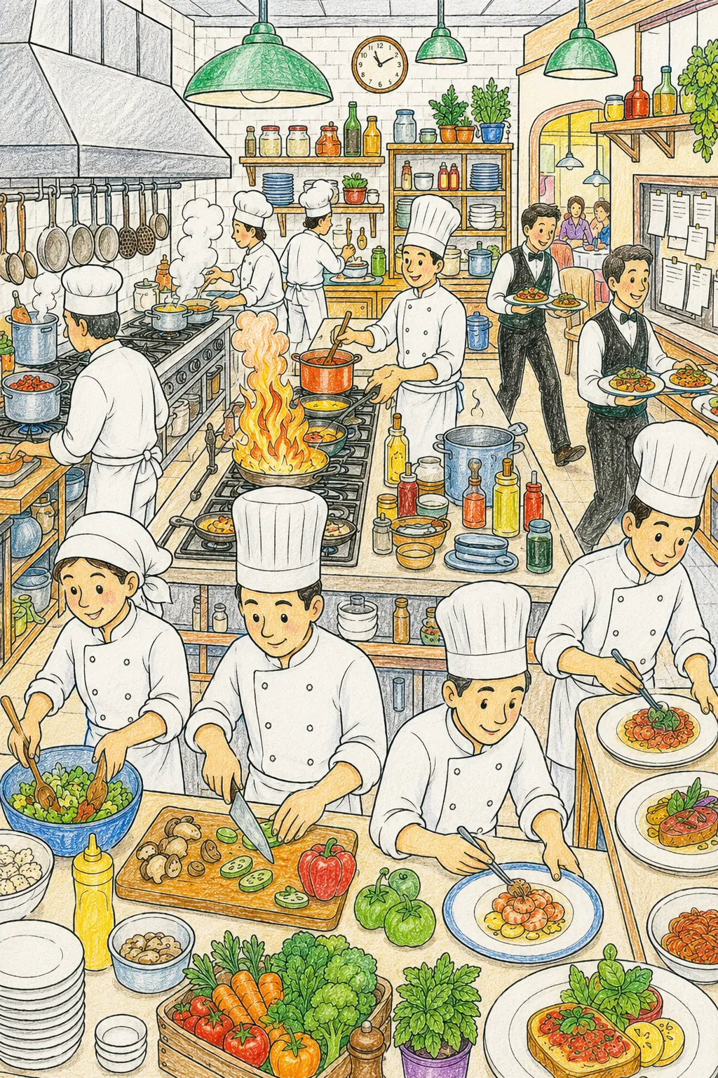 Wimmelbild: Professionelle Restaurantküche unter Hochdruck